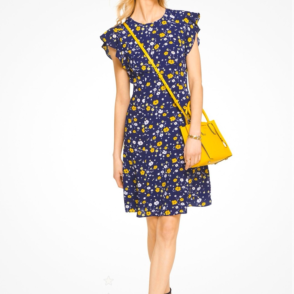 Michael Kors Crepe Yellow White Floral Flounce Sleeve Fit & Flare A-Line Dress